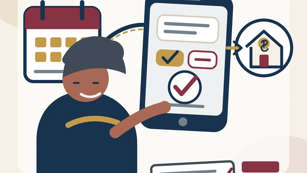 Illustration of a Veteran student verifying monthly VA education enrollment on a phone beside a payment calendar